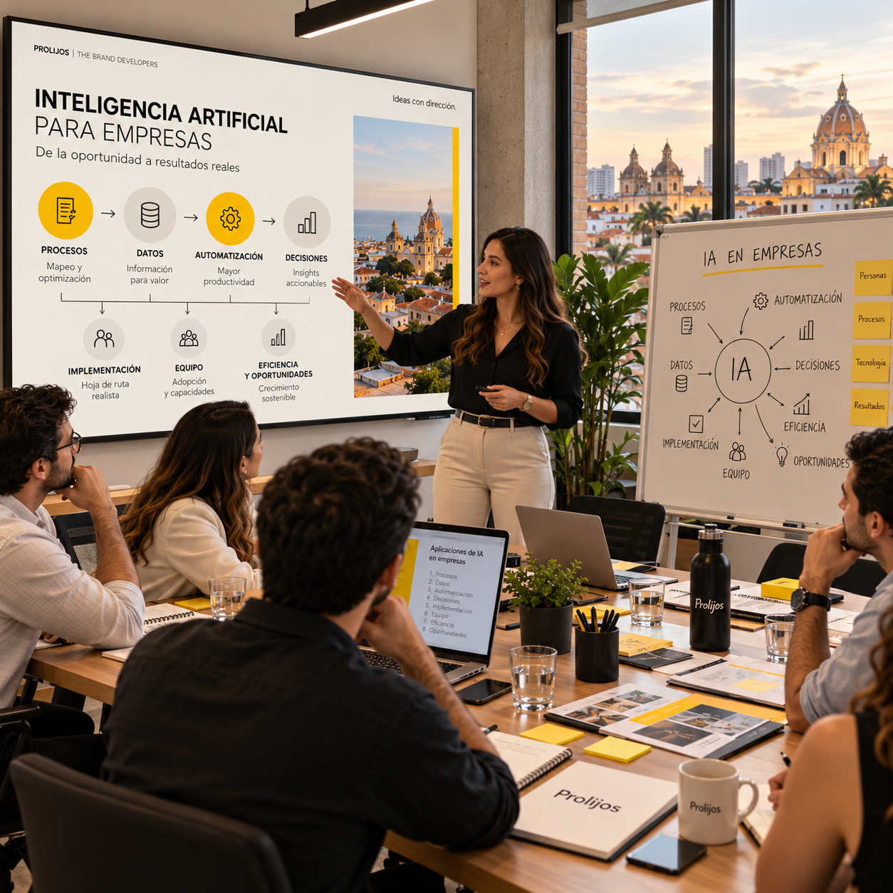 Escena conceptual de práctica con asistentes de IA para la capacitación de equipos de mercadeo y ventas de Prolijos.