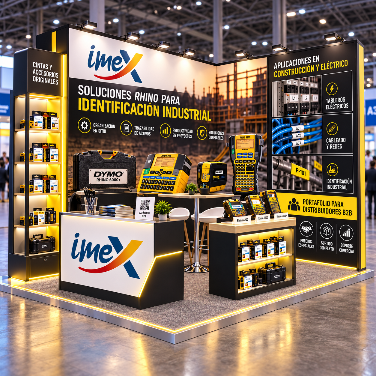 Maqueta conceptual de un stand con planos y materiales para el servicio de diseño de experiencias de marca de Prolijos. Para Imex Americas